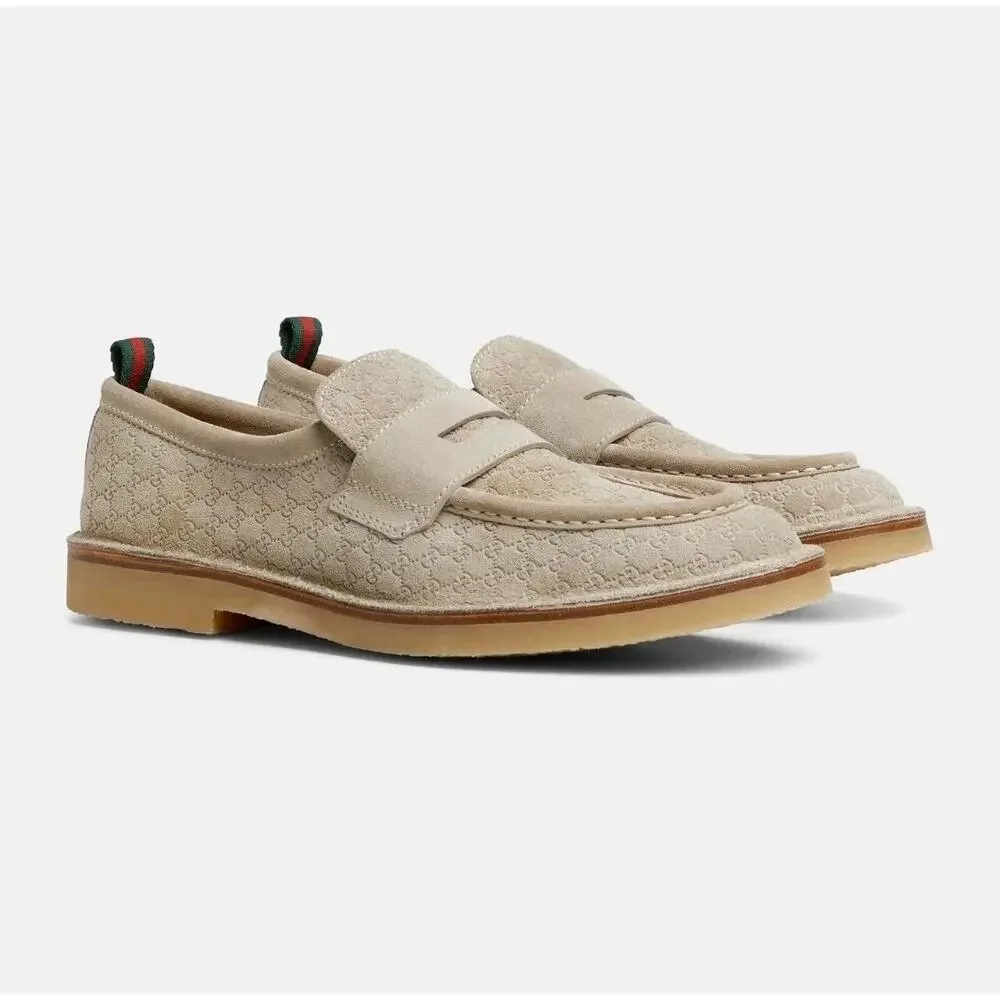 Gucci Web GG Monogram Suede Loafers Beige 831289 Mens 11.5 US 12 NEW